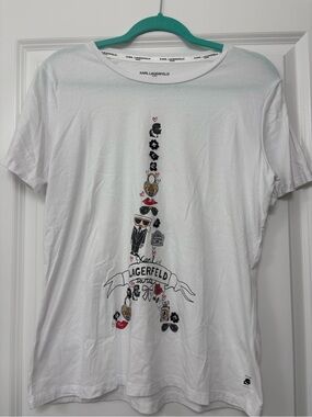 Karl Lagerfeld White Tee with Black & Red Eiffel Graphic